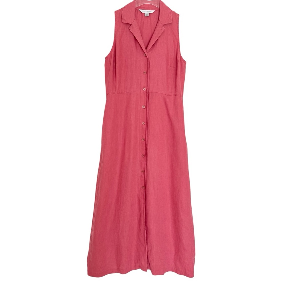 100% Linen Button Front Sleeveless Salmon Pink Maxi Dress Pockets Size 8